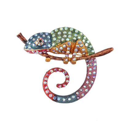 Front view showing the multicolor crystal chameleon brooch in four color variations