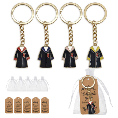 Four enamel gown keychains with organza bags and kraft tags