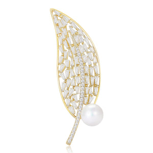 Crystal Leaf Brooch with Pearl, Openwork Cubic Zirconia Pin, Gold or Silver Tone