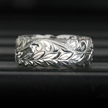 Silver Engraved Leaf Vine Wide Band Finger Ring Sizes 6-10