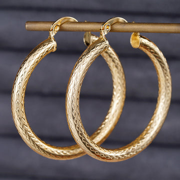 Gold Tone Cross Grid Textured Large Tube Hoop Earrings