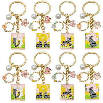 Four Cat Art Card and Floral Metal Keychain Design Set
