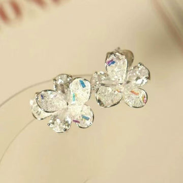 Clear Faceted Flower Stud Earrings with Iridescent Shine