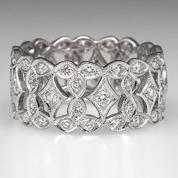 White Metal Openwork Geometric Pave Band Ring Sizes 6-10