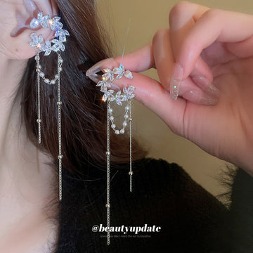 Silver Tone Crystal Crescent Pearl Chain Tassel Clip Earrings