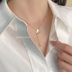 Gold Tone White Pearlescent Butterfly And Heart Lariat Necklace