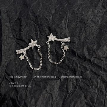 Silver Crystal Shooting Star Chain Climber Stud Earrings