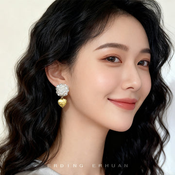 White Camellia Flower Stud Gold Heart Drop Earrings