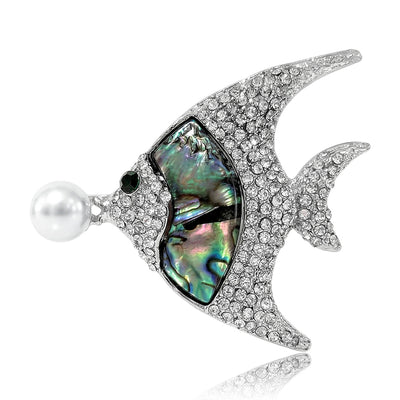 Front view of the silver tone tropical fish brooch with shell inlay and pearl brooch and its color options