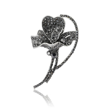 Black Rhinestone Flower Brooch Vintage Silver Tone