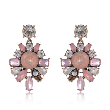 Red Silver Tone Pink Crystal Floral Cluster Metal Dangle Earrings