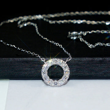 Silver Tone Pave CZ Hollow Circle Pendant Necklace