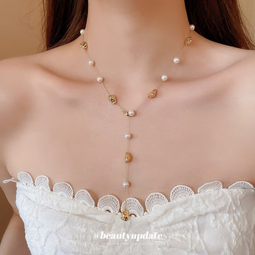 Gold Nugget Charm Pearl Y Necklace Station Style Drop