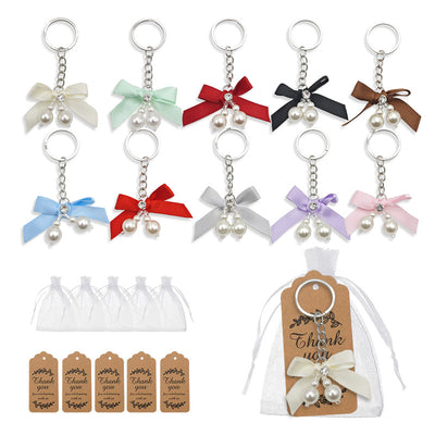Ten pearl bow keychains with organza bags and thank-you tags