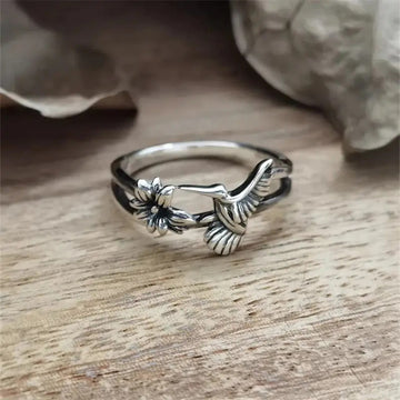 Antique Silver Hummingbird and Flower Dual Band Ring