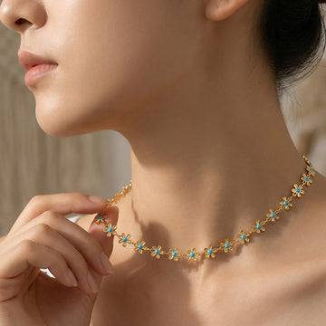 Gold Mini Flower Chain Blue Enamel Center Necklace Two Lengths