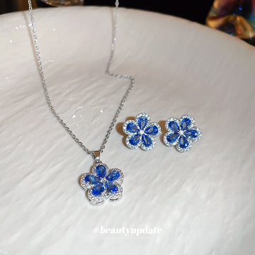 Blue Crystal Flower Necklace and Stud Earrings Statement Jewelry
