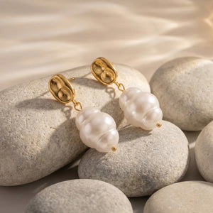 Irregular Disc and White Pearl Drop Earrings in Gold Tone