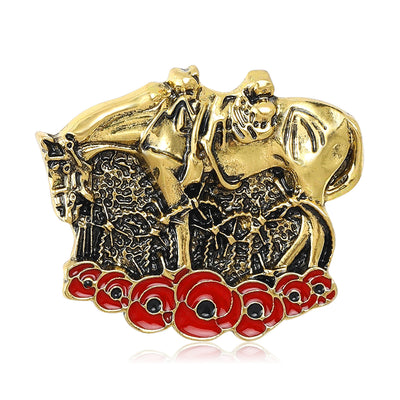 A group of antique-gold horses above colored poppy flowers shown on a white background