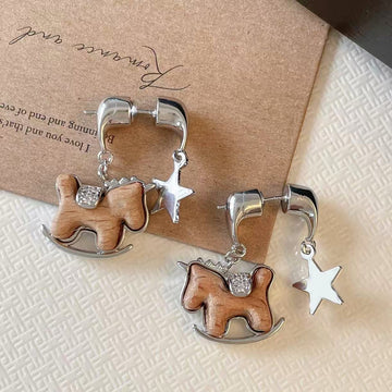 Silver Tone Horse Drop Earrings With Pearl Or Star Tops