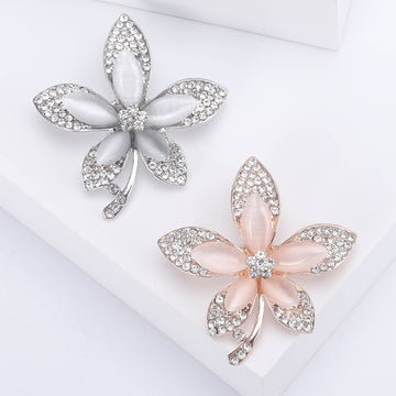 Five Petal Crystal Flower Brooch in Silver or Peach