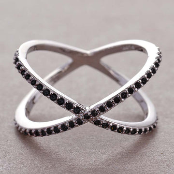 Crossed Heart-Shaped Open Ring In Black Pink And Clear Stones