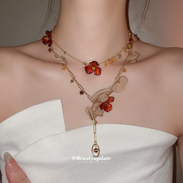 Gold Amber Acrylic Flower Necklace Crystal Bead Accents