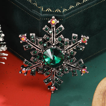 Dark Snowflake Brooch with Green Center Crystal Crystal Pin