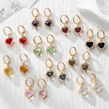Gold Tone Faceted Crystal Heart Huggie Earrings in Eleven Color Options