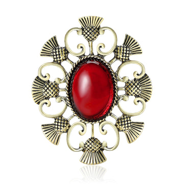 Antique Thistle Openwork Brooch Red Amber Cabochon Two Tones