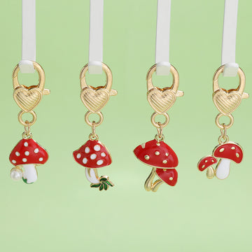 Four-Piece Mushroom Keychain Sets With Gold-Tone Heart Clasps