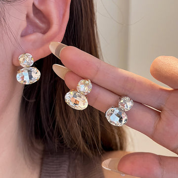 Gold and Silver Clear Faceted Double Drop Stud Earrings