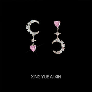 Silver Asymmetric Moon Heart Crystal Drop Earrings Pair