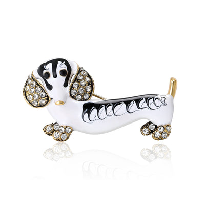 White Enamel Dachshund Brooch shown against a white display background