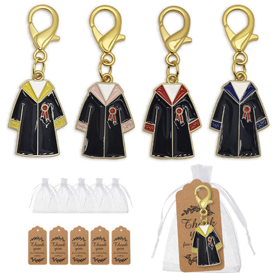 Four enamel graduation gown keychains with organza bags and kraft tags