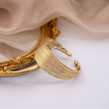 Gold Tone Multiline Open Cuff Wide Statement Bracelet