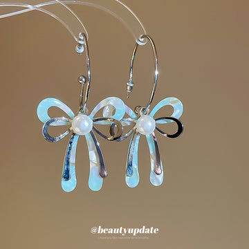 Silver Bow Pearl Tassel Hook Earrings Statement Jewelry