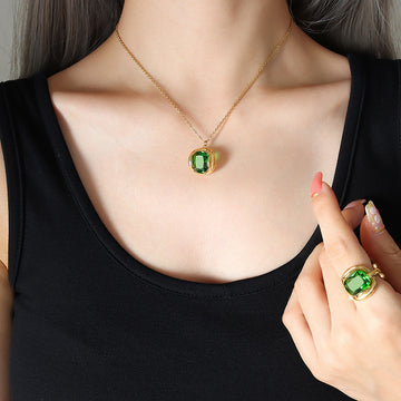 Gold Green Crystal Stud Earrings Geometric Metal Frames