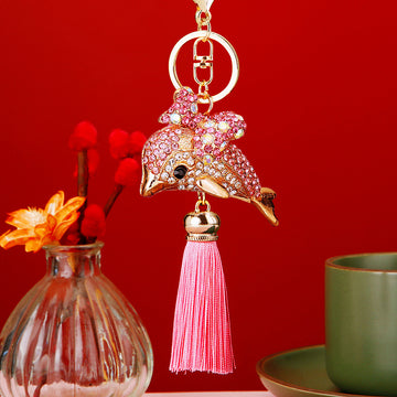Crystal Bow Dolphin Keychains with Tassel and Strap Options