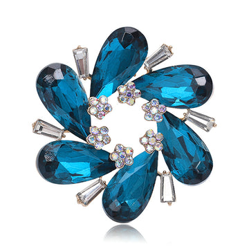 Teardrop Crystal Wreath Brooch in Blue or Emerald Green