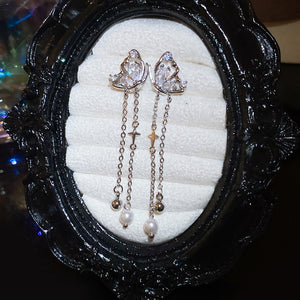 Crystal Butterfly Chain Drop Stud Earrings with Pearls, Brass, 6 cm