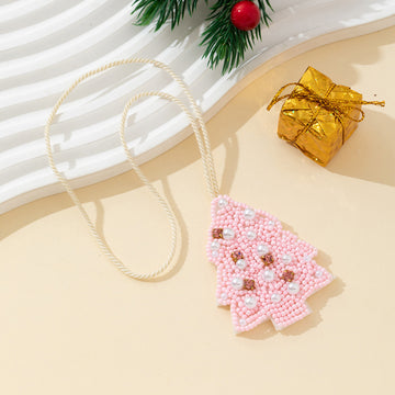 Beaded Pink Christmas Tree Pendant Necklace With Pearl Accents