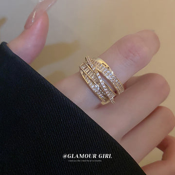 Gold Tone Multirow Open Ring With Crossing Baguette Crystal Bands