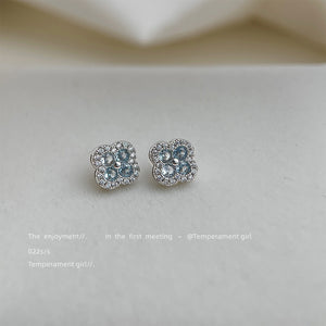 Silver Tone Light Blue Clover Pave Halo Stud Earrings