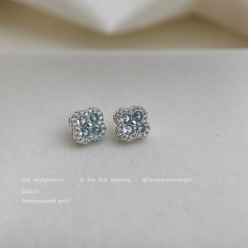 Silver Tone Light Blue Clover Pave Halo Stud Earrings