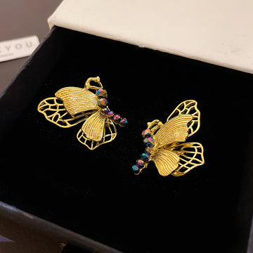 Gold Tone Butterfly Stud Earrings with Purple Crystal Drops