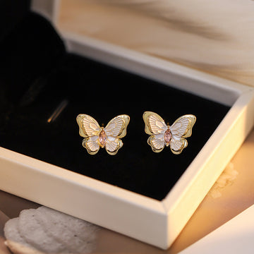 White and Pink Butterfly Small Gold Tone Stud Earrings