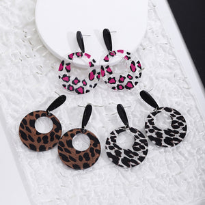 Leopard Print Open Circle Drop Earrings with Black Teardrop Top, Acrylic