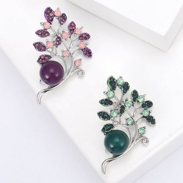 Branch With Pearl Brooch In Metal With Faceted Crystal Leaves And A Large Colored Round
