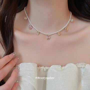 Pastel Tulip Crystal Charm Necklace with Gold Tone Chain